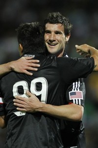 Chris Pontius and Jaime Moreno celebrate after each scored first half goals, via daylife.com