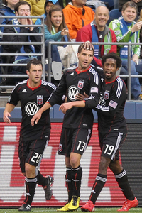 Chris Pontius celebrates one of his three goals for DC United