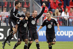 TORONTO CANADA - SEPTEMBER 28: D.C. United celebrates Julius James goal during a MLS game against Toronto FC at BMO Field September 11 2010 in Toronto Ontario Canada. (Photo by Abelimages/Getty Images)
